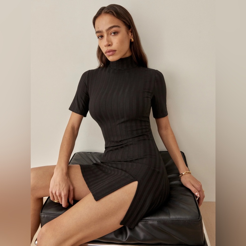 Reformation Black Ribbed Mini Dress with Side Slit